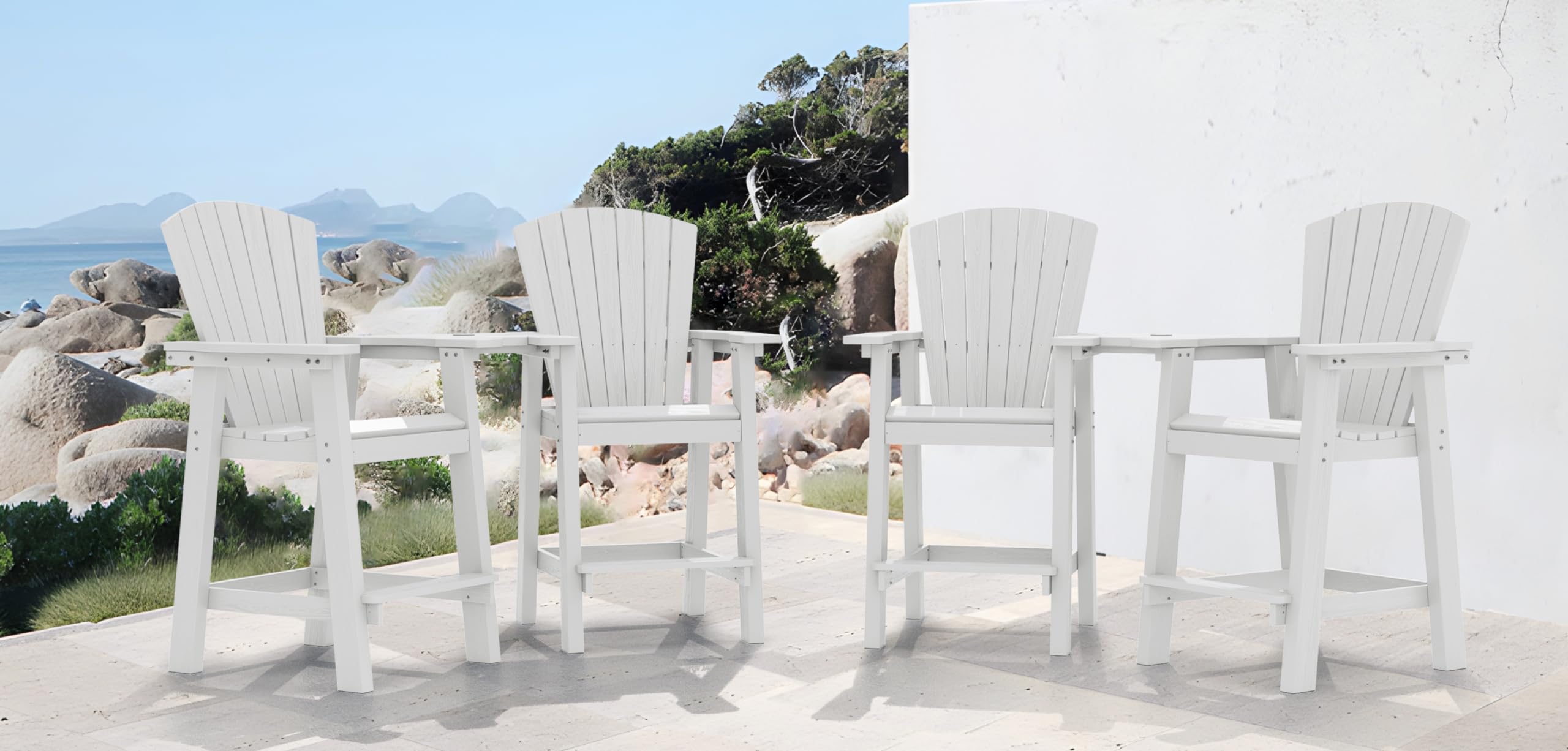 Kingyes Embossed Balcony Height Chair With Connecting Tray, Tall Poly Adirondack Chair Set Of 4, High Airondack Chair With Wood Grain, White